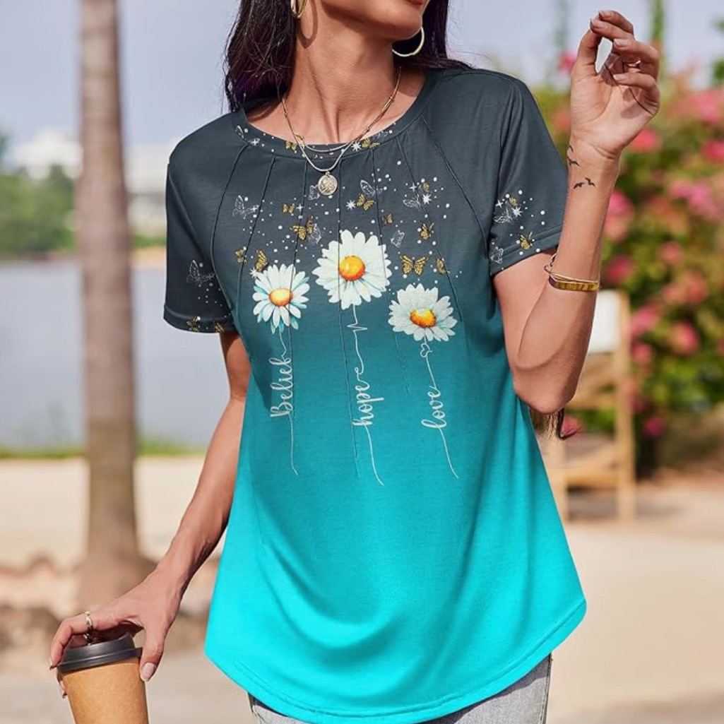 Floral Graphic Teal And Black Women's Top